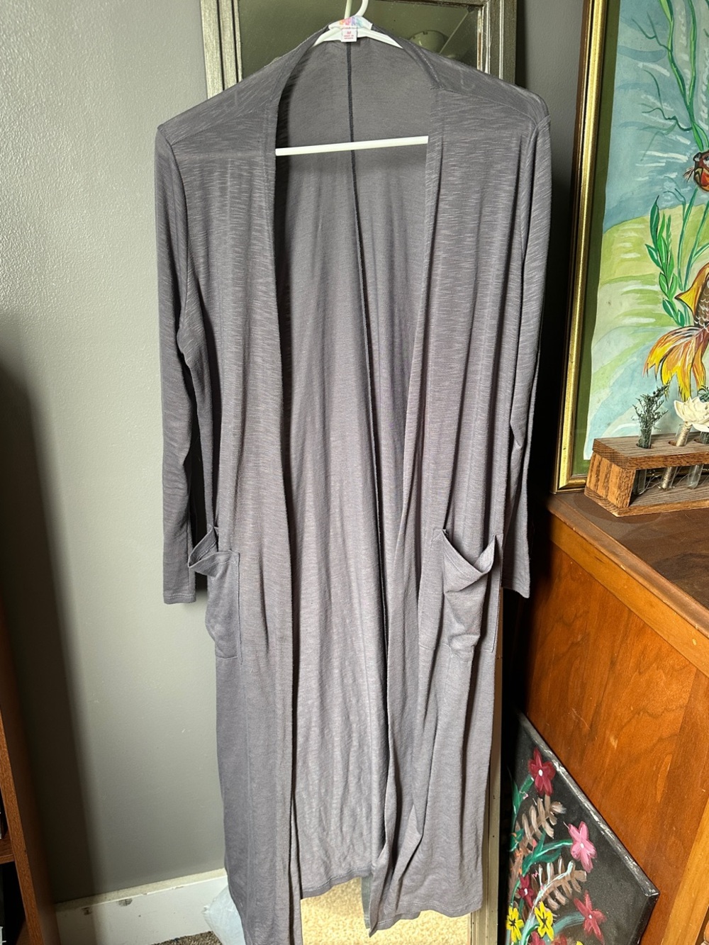 Gray Open-Front Long Cardigan with Pockets